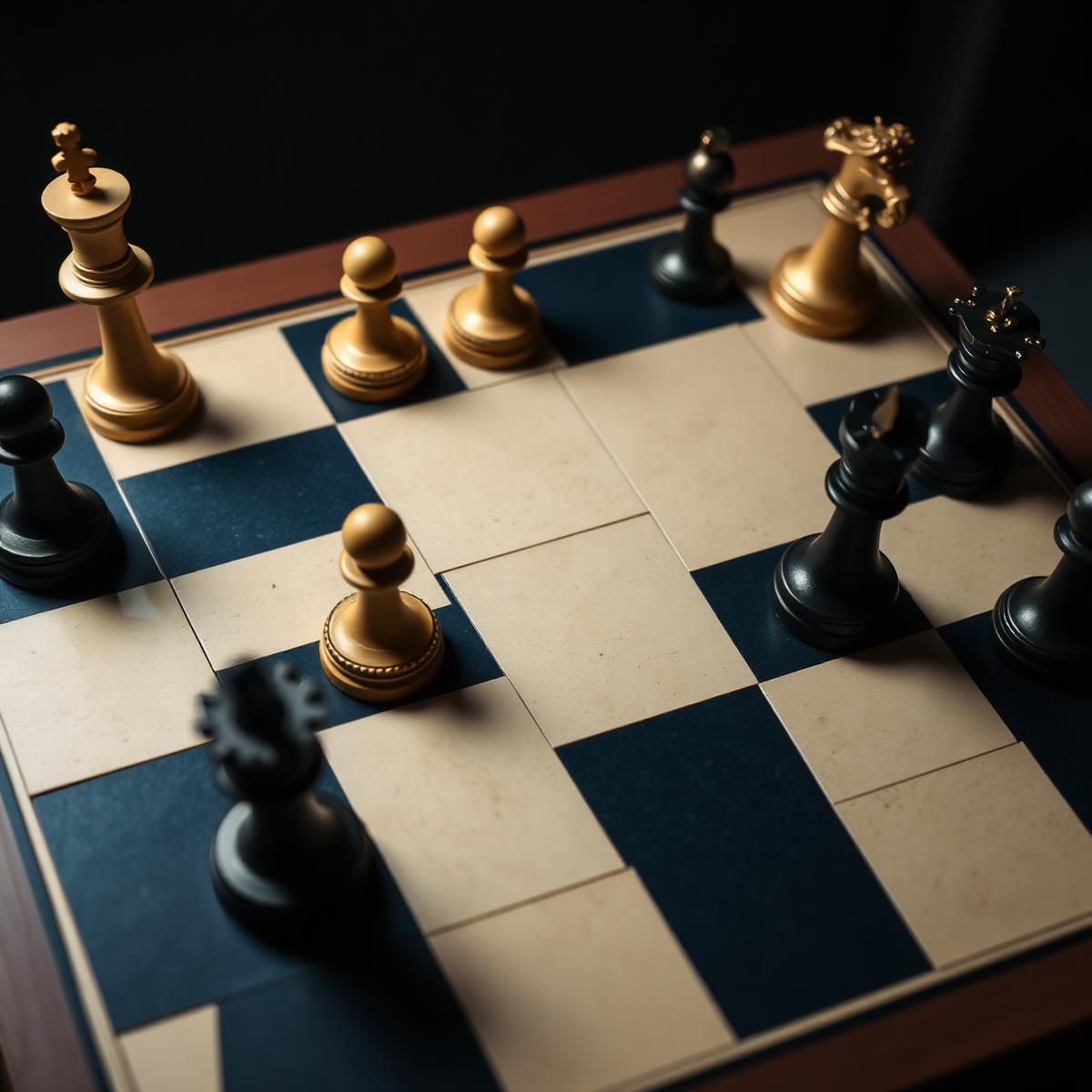 Chess pieces positioned mid-game on a navy and ivory board